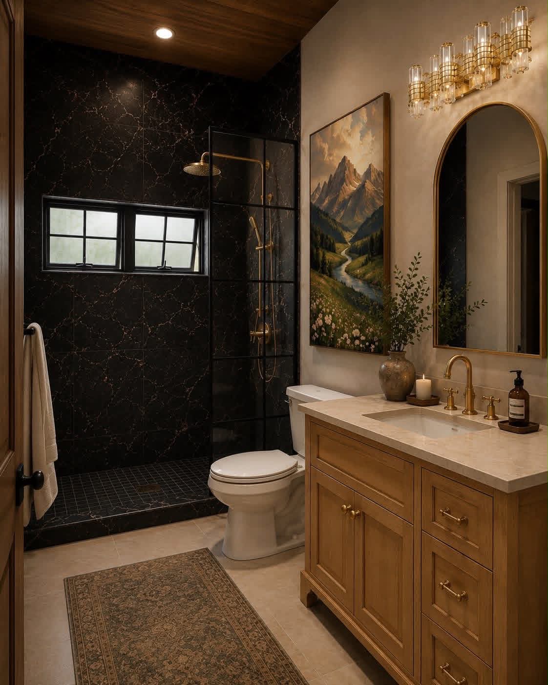 Primary bathroom with marble walk-in rain shower, brass hardware, and arched mirror