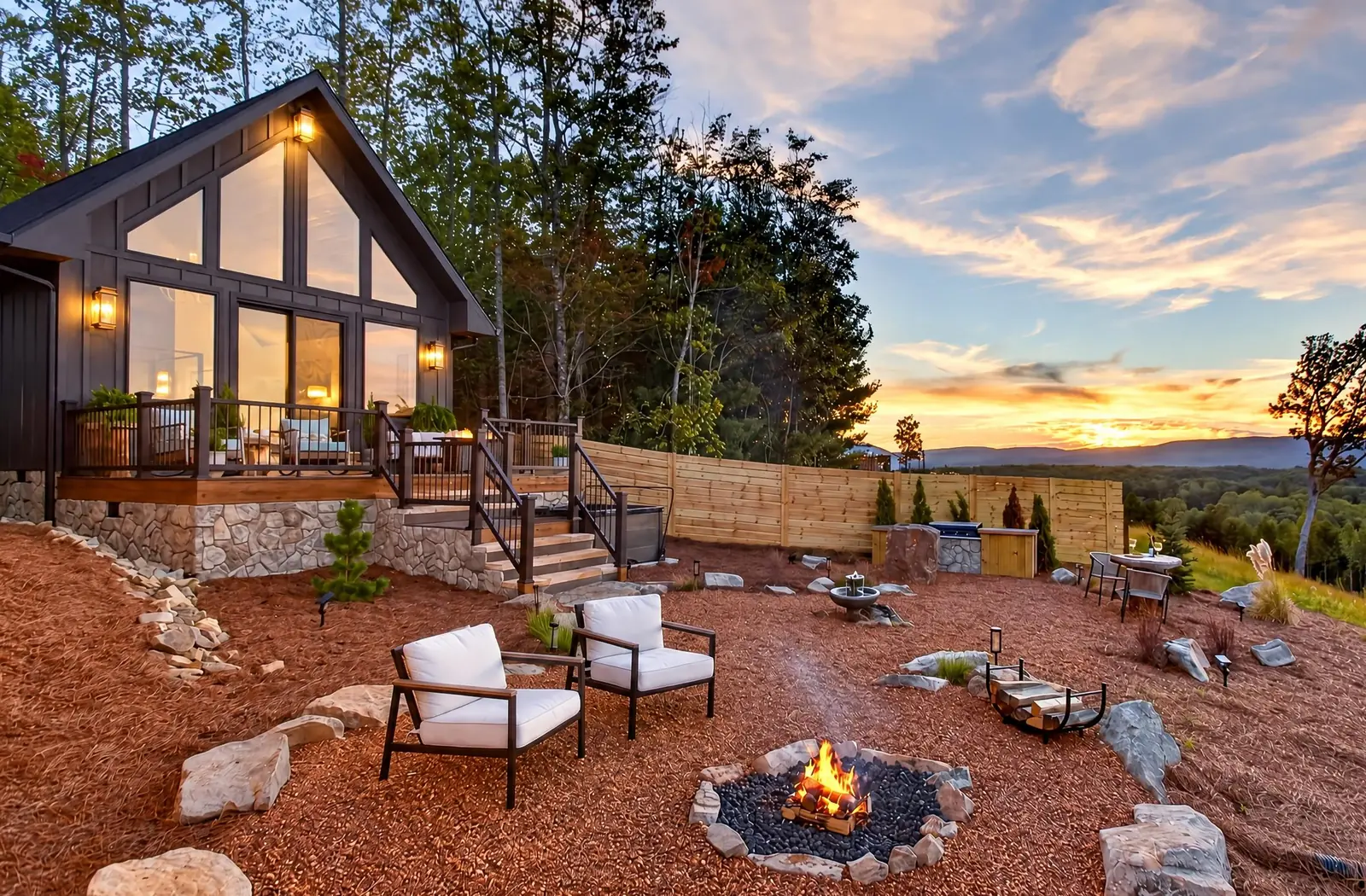 The grounds at dusk: a crackling stone fire pit and lounge chairs below the glowing cabin and deck
