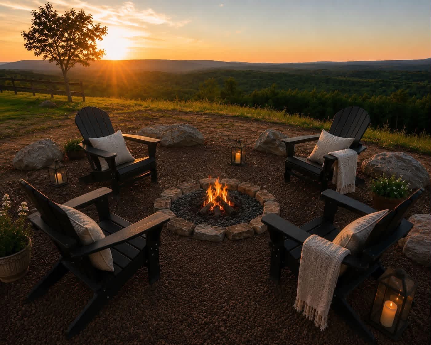 Stone fire pit circle with Adirondack chairs overlooking the sunset valley