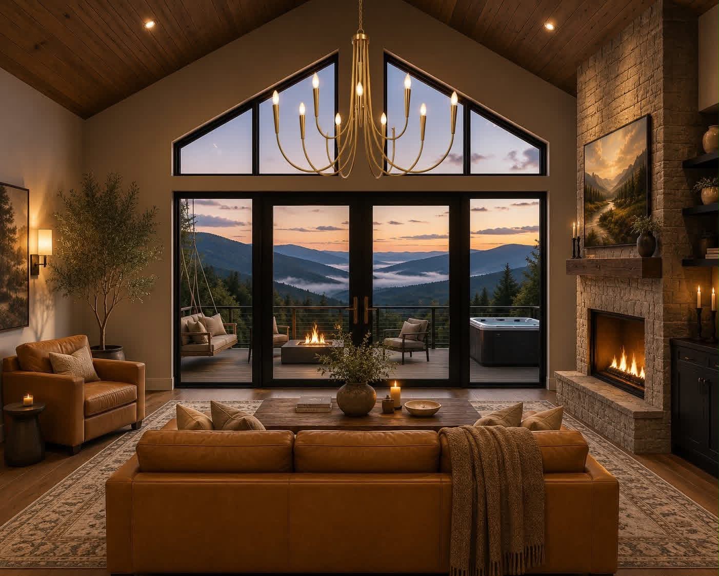 The Great Room with vaulted ceilings, stone fireplace, and panoramic mountain glass wall