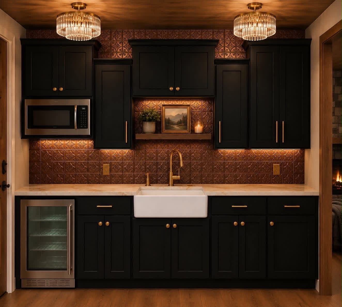 Designer kitchen bar with pressed copper backsplash and wine refrigeration
