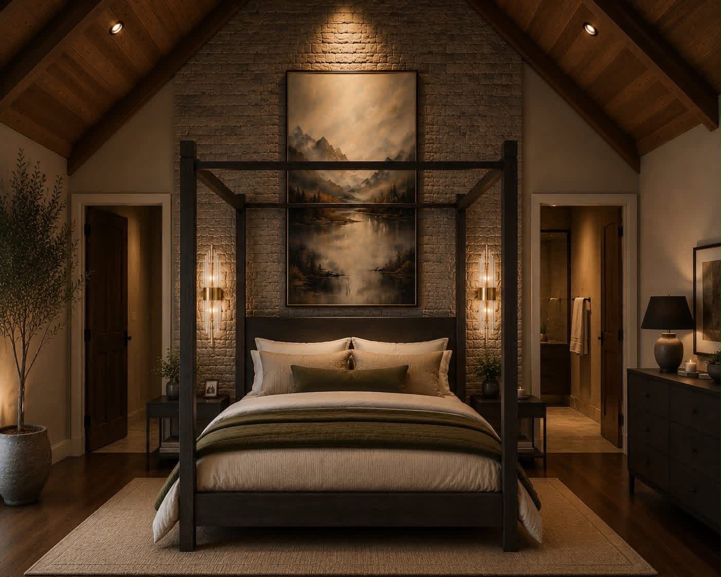 The Master Suite with canopy bed, stone masonry hearth, and timber beam ceiling