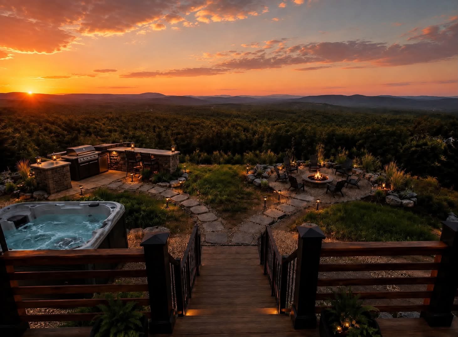 Outdoor Mountain Terrace with spa, dining bar, and panoramic sunset vista