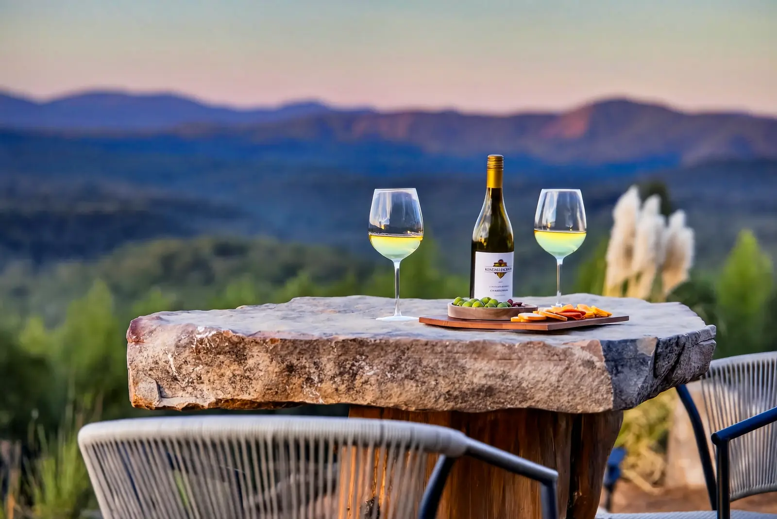 Two glasses of white wine and a bottle on a stone table, with layered blue ridgelines at dusk