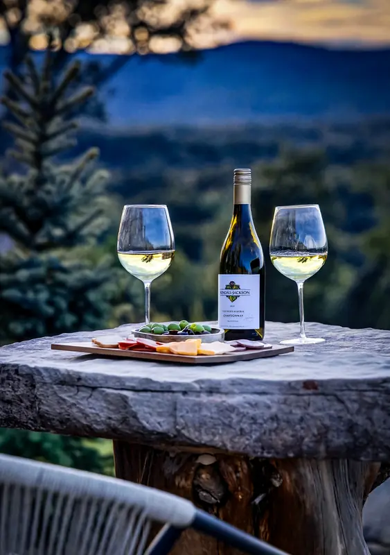A bottle of white wine and two glasses on the stone table